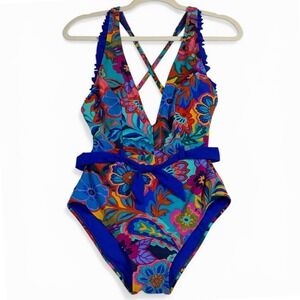 Skinny Dippers Cinch 1PC Swimsuit Medium Floral Paisley Ruffle Blue Women's